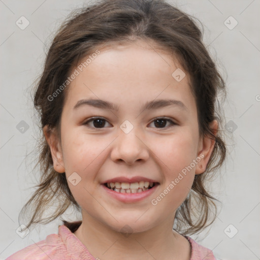 Joyful white child female with medium  brown hair and brown eyes