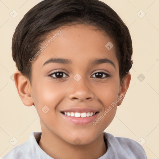 Joyful white child female with short  brown hair and brown eyes