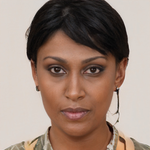 Neutral latino young-adult female with medium  black hair and brown eyes