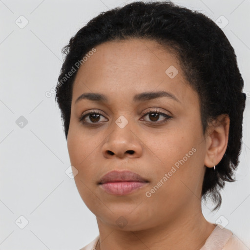 Neutral black young-adult female with short  black hair and brown eyes