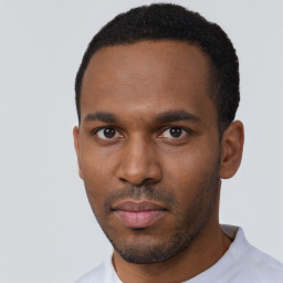 Neutral black young-adult male with short  black hair and brown eyes