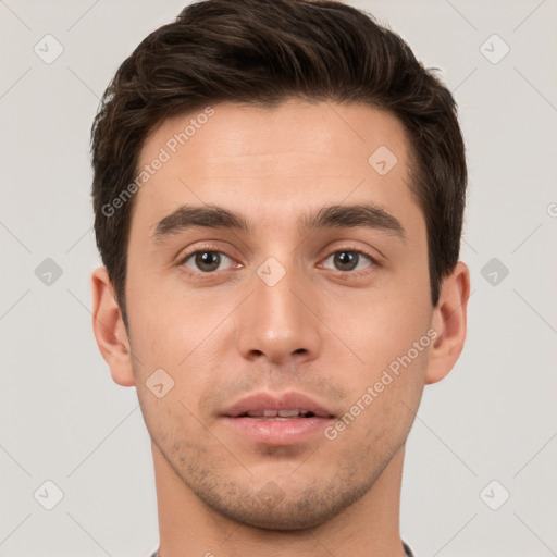 Neutral white young-adult male with short  brown hair and brown eyes