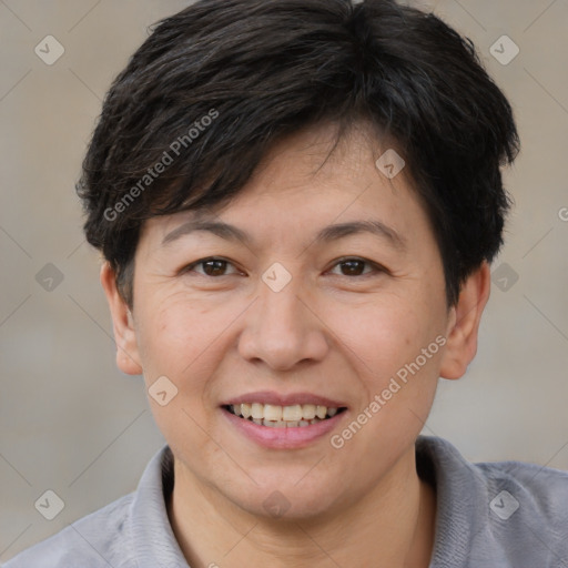 Joyful white adult female with short  brown hair and brown eyes