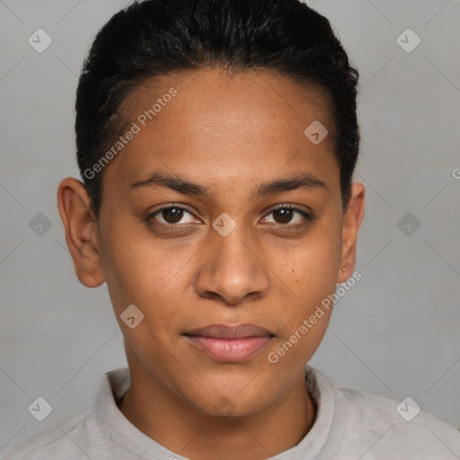 Joyful latino young-adult female with short  brown hair and brown eyes