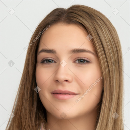 Neutral white young-adult female with long  brown hair and brown eyes