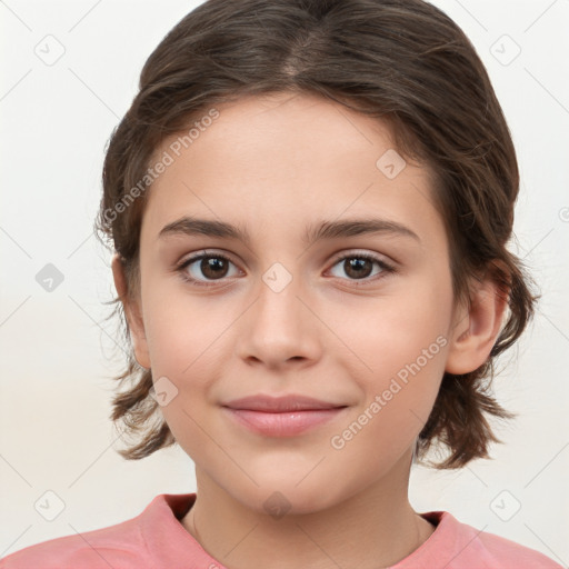 Joyful white child female with medium  brown hair and brown eyes