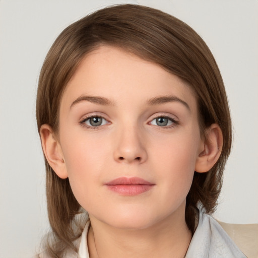 Neutral white young-adult female with medium  brown hair and grey eyes