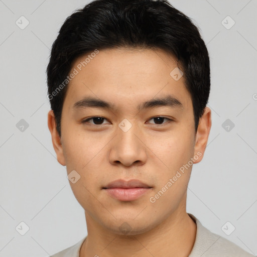 Neutral asian young-adult male with short  black hair and brown eyes