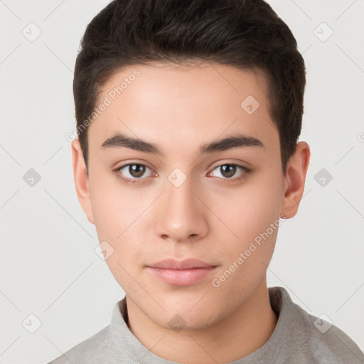 Neutral white young-adult male with short  brown hair and brown eyes