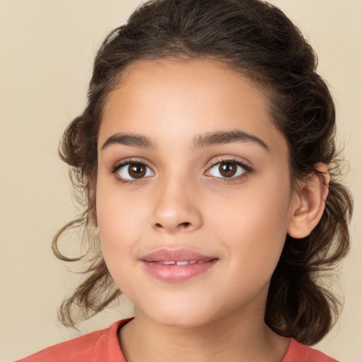 Joyful white child female with medium  brown hair and brown eyes