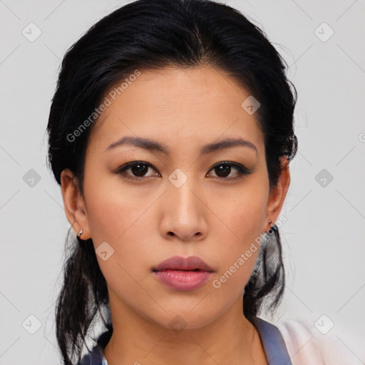 Neutral asian young-adult female with medium  black hair and brown eyes