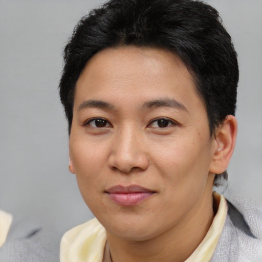 Joyful asian young-adult female with short  brown hair and brown eyes