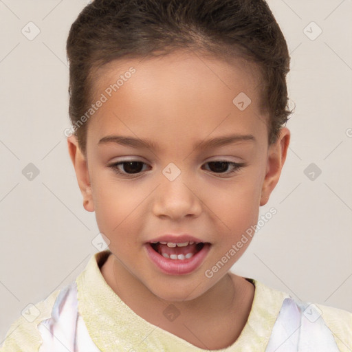 Joyful white child female with short  brown hair and brown eyes