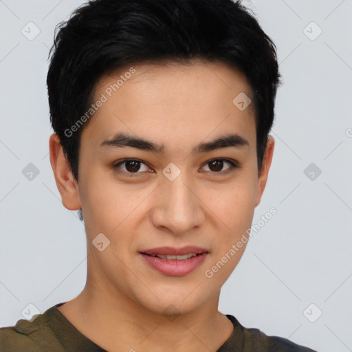 Joyful latino young-adult male with short  brown hair and brown eyes