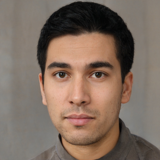 Neutral asian young-adult male with short  black hair and brown eyes