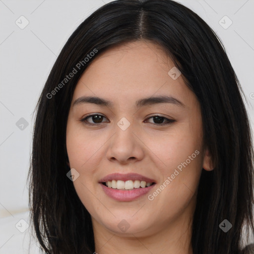 Joyful asian young-adult female with long  brown hair and brown eyes