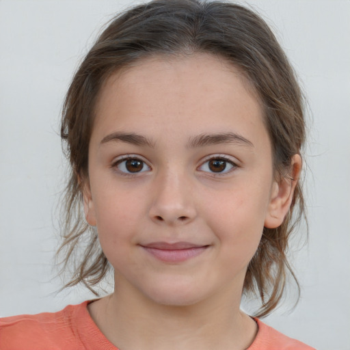 Joyful white child female with medium  brown hair and brown eyes