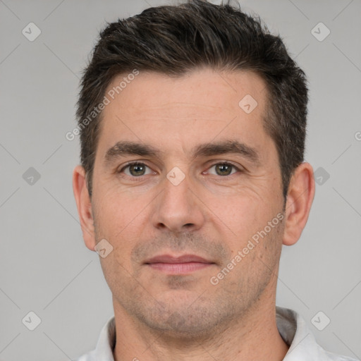 Neutral white adult male with short  brown hair and brown eyes