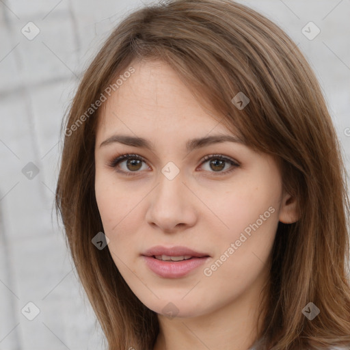 Neutral white young-adult female with long  brown hair and brown eyes