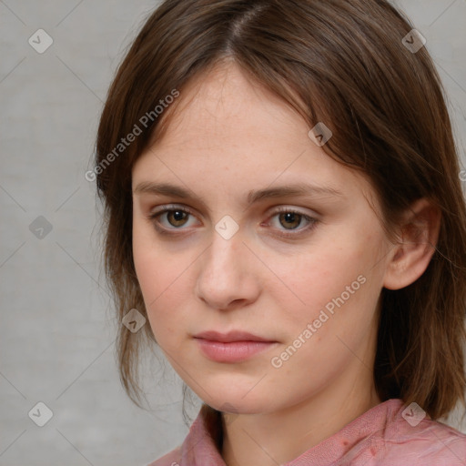 Neutral white young-adult female with medium  brown hair and brown eyes