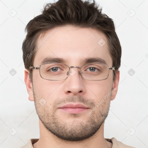 Neutral white young-adult male with short  brown hair and grey eyes