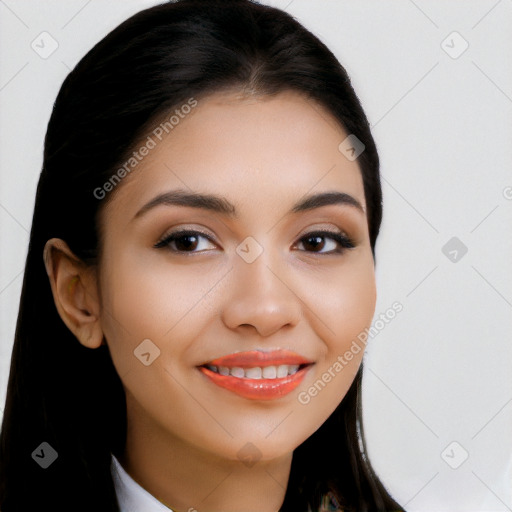 Joyful white young-adult female with long  black hair and brown eyes