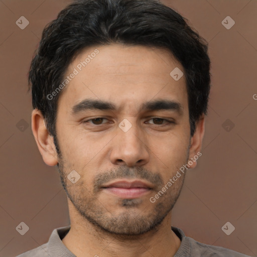 Neutral asian young-adult male with short  black hair and brown eyes