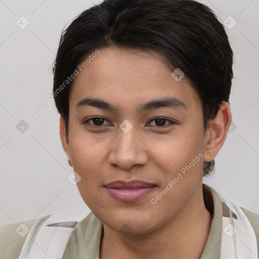 Joyful asian young-adult female with short  brown hair and brown eyes