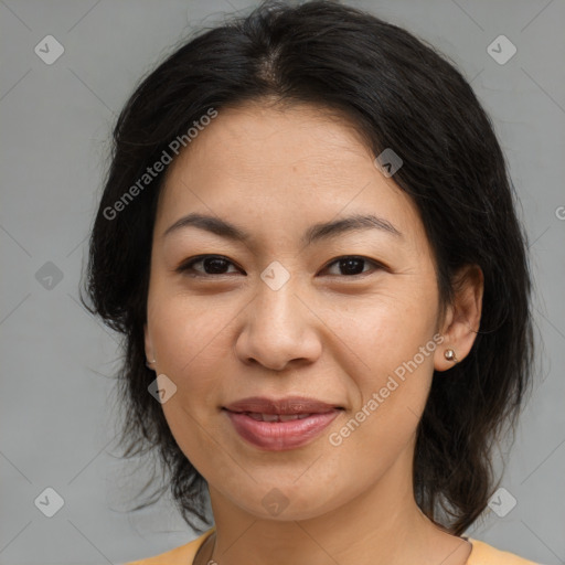 Joyful asian young-adult female with medium  brown hair and brown eyes