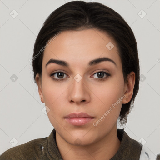 Neutral white young-adult female with short  brown hair and brown eyes