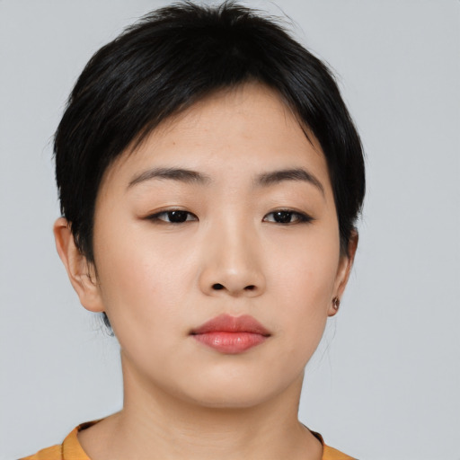 Neutral asian young-adult female with short  black hair and brown eyes
