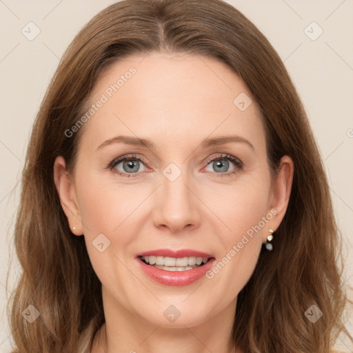 Joyful white young-adult female with long  brown hair and grey eyes