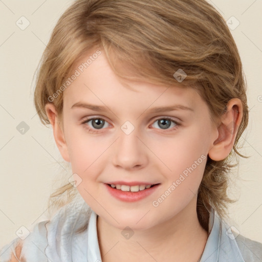 Joyful white child female with medium  brown hair and blue eyes