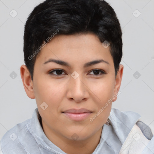 Joyful asian young-adult female with short  brown hair and brown eyes