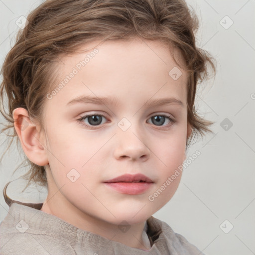 Neutral white child female with medium  brown hair and blue eyes