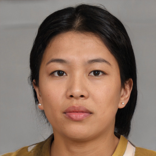 Neutral asian young-adult female with medium  black hair and brown eyes