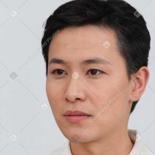 Neutral asian young-adult male with short  black hair and brown eyes