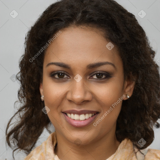 Joyful black young-adult female with medium  brown hair and brown eyes