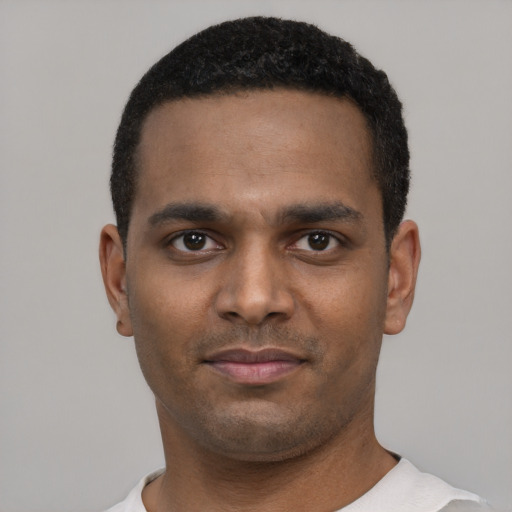 Neutral black young-adult male with short  black hair and brown eyes