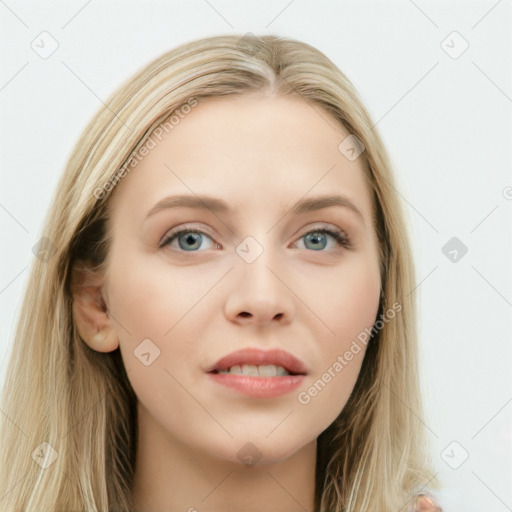 Neutral white young-adult female with long  brown hair and blue eyes