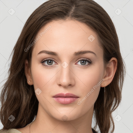 Neutral white young-adult female with long  brown hair and grey eyes