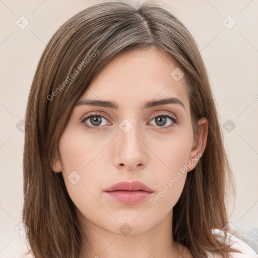 Neutral white young-adult female with medium  brown hair and brown eyes