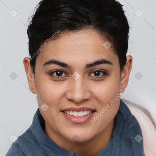 Joyful white young-adult female with short  brown hair and brown eyes