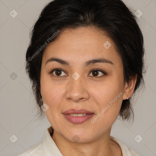 Joyful white adult female with medium  brown hair and brown eyes