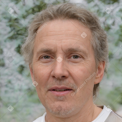 Joyful white middle-aged male with short  brown hair and grey eyes