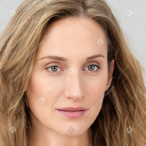 Joyful white young-adult female with long  brown hair and green eyes