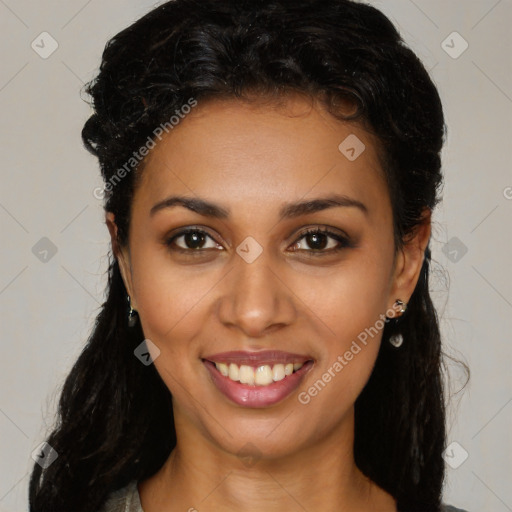 Joyful latino young-adult female with long  brown hair and brown eyes