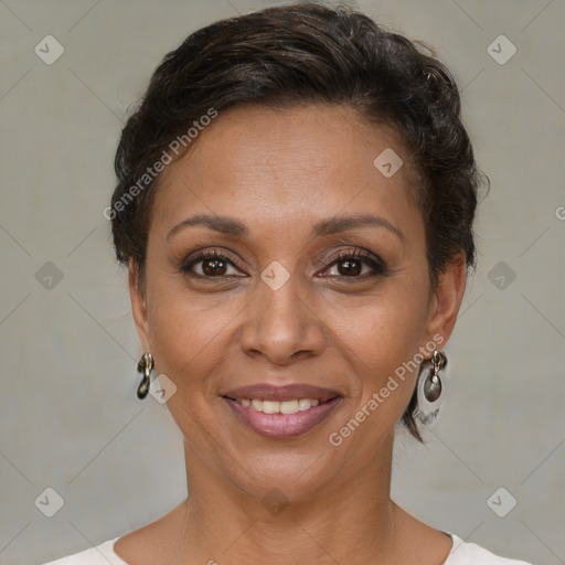 Joyful white adult female with short  brown hair and brown eyes