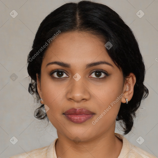 Joyful latino young-adult female with medium  black hair and brown eyes