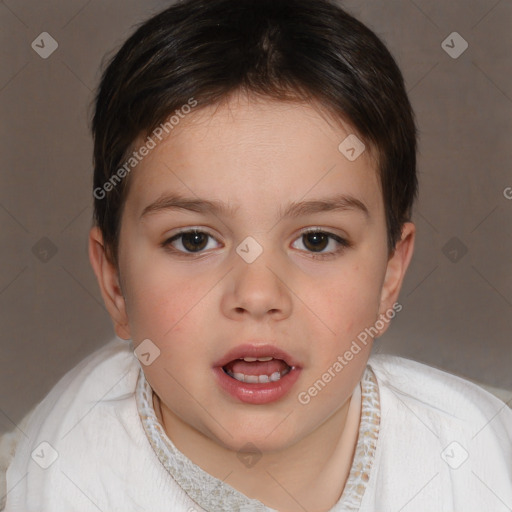 Joyful white child female with medium  brown hair and brown eyes